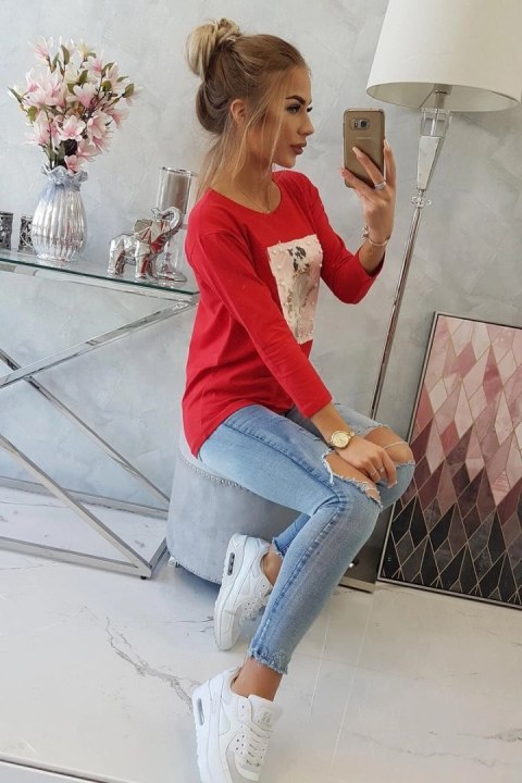 Bluzka z grafiką 3D z perełkami czerwona Bluzka z grafiką 3D z perełkami czerwona