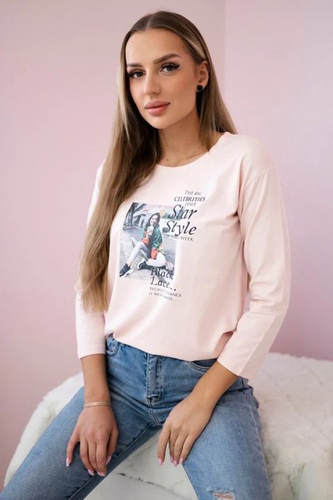 Bluzka z nadrukiem Star Style pudrowy róż Bluzka z nadrukiem Star Style pudrowy róż