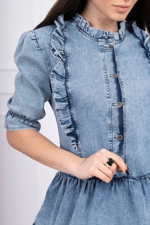 Sukienka jeansowa ze stretchem z żabotem S/M-L/XL Sukienka jeansowa ze stretchem z żabotem S/M-L/XL