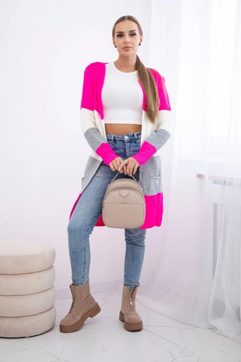 Sweter Kardigan w pasy różowy neon+ecru Sweter Kardigan w pasy różowy neon+ecru