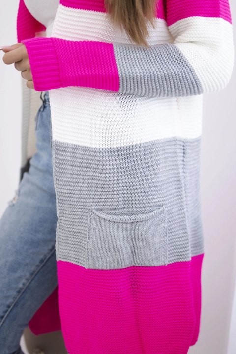 Sweter Kardigan w pasy różowy neon+ecru Sweter Kardigan w pasy różowy neon+ecru