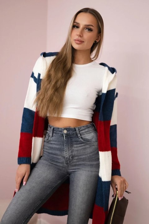 Sweter w pasy trzykolorowy ecru+jeans+czerwony Sweter w pasy trzykolorowy ecru+jeans+czerwony