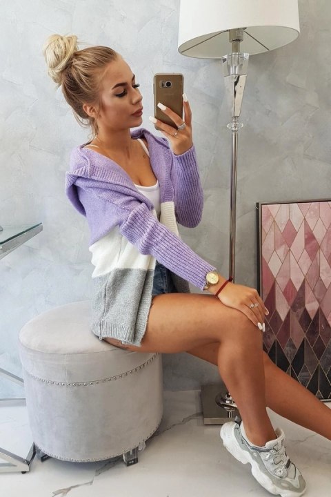 Sweter z kapturem trzykolorowy fioletowy+ecru+szary Sweter z kapturem trzykolorowy fioletowy+ecru+szary