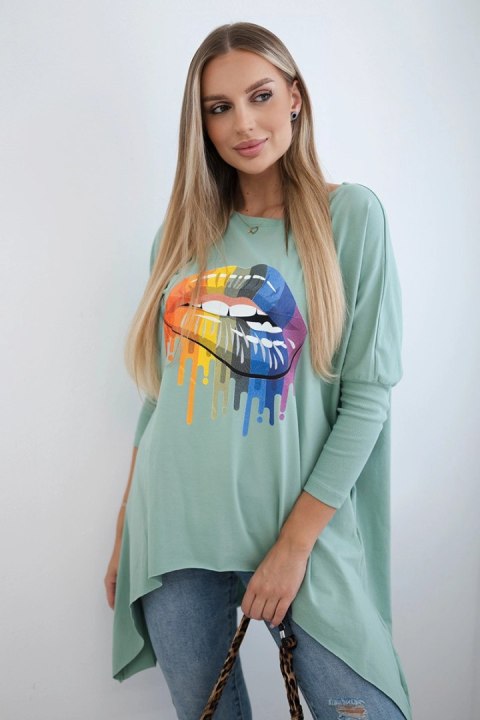 Bluzka oversize z nadrukiem tęczowych ust ciemny miętowy Bluzka oversize z nadrukiem tęczowych ust ciemny miętowy