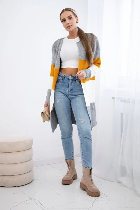 Sweter Kardigan w pasy szary+musztardowy Sweter Kardigan w pasy szary+musztardowy