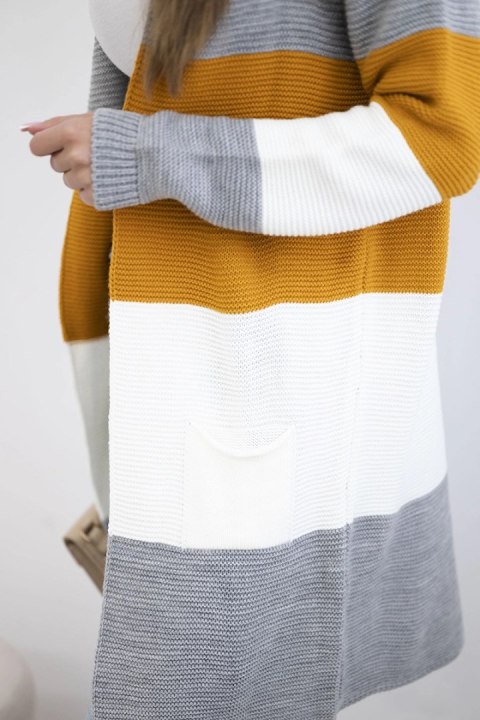 Sweter Kardigan w pasy szary+musztardowy Sweter Kardigan w pasy szary+musztardowy