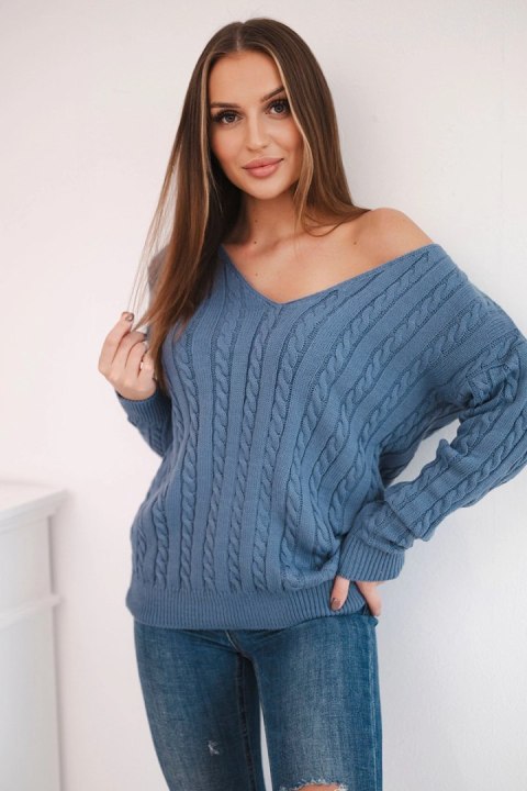 Sweter pleciony z dekoltem V jeansowy Sweter pleciony z dekoltem V jeansowy