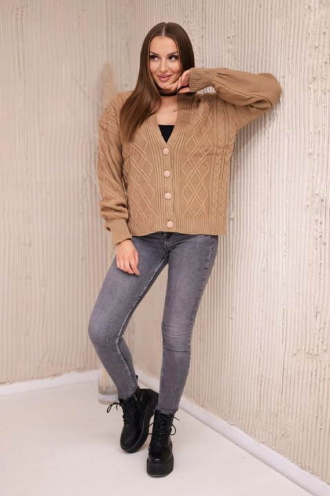 Sweter zapinany na guziki z ozdobnym splotem camelowy Sweter zapinany na guziki z ozdobnym splotem camelowy