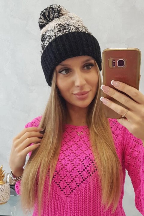 Czapka damska z pomponem Abigail K326 beżowy+czarny Czapka damska z pomponem Abigail K326 beżowy+czarny