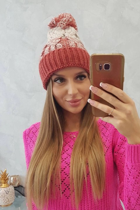Czapka damska z pomponem Abigail K326 rudy+beżowy Czapka damska z pomponem Abigail K326 rudy+beżowy