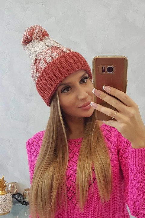 Czapka damska z pomponem Abigail K326 rudy+beżowy Czapka damska z pomponem Abigail K326 rudy+beżowy