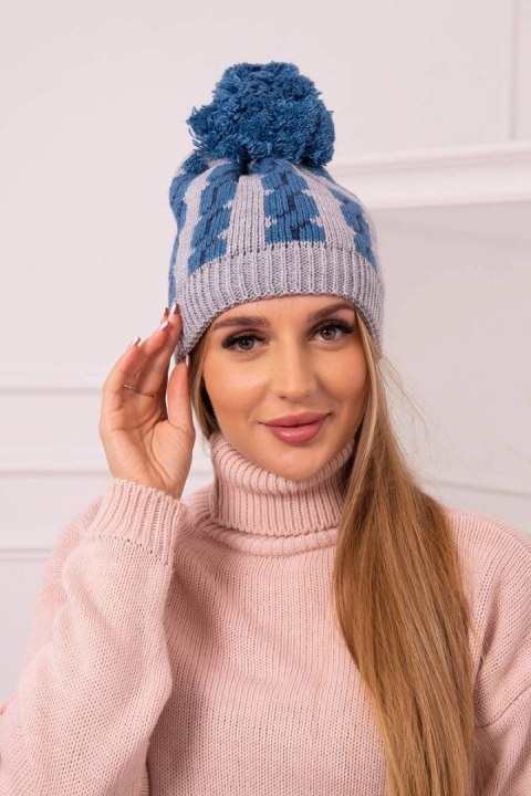 Czapka damska z pomponem Rozalia K323 jeansowy+szary Czapka damska z pomponem Rozalia K323 jeansowy+szary