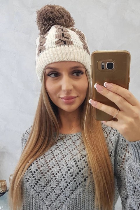 Czapka damska z pomponem Rozalia K323 mocca+ecru Czapka damska z pomponem Rozalia K323 mocca+ecru