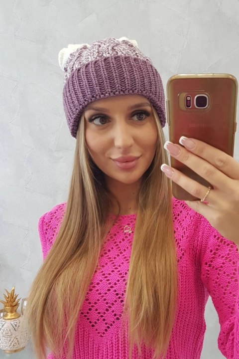 Czapka damska z pomponem Abigail K326 fioletowy+biały Czapka damska z pomponem Abigail K326 fioletowy+biały