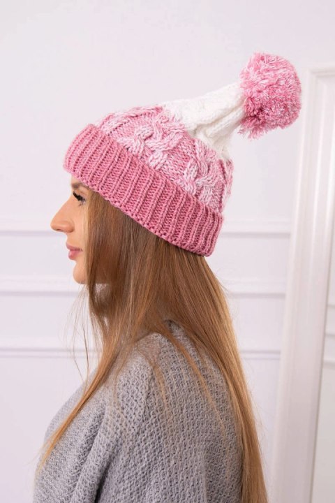 Czapka damska z pomponem Abigail K326 pudrowy róż+ecru Czapka damska z pomponem Abigail K326 pudrowy róż+ecru