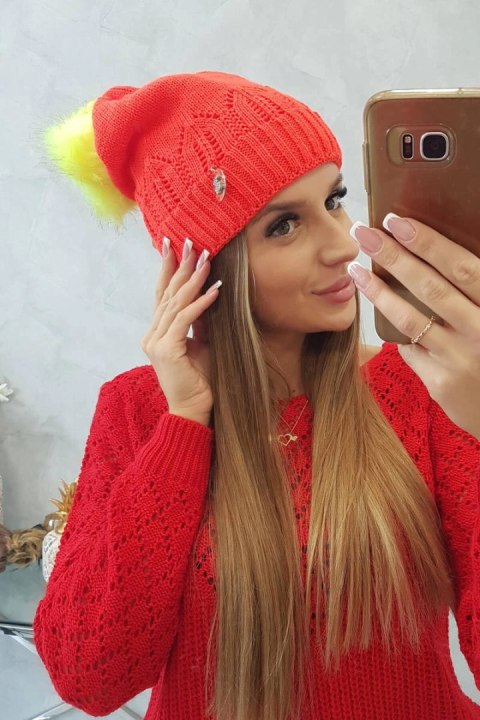 Czapka damska z pomponem Judyta K347 pomarańczowa Czapka damska z pomponem Judyta K347 pomarańczowa