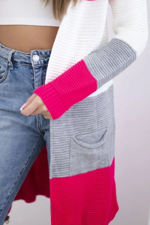 Sweter Kardigan w pasy malinowy+ecru Sweter Kardigan w pasy malinowy+ecru