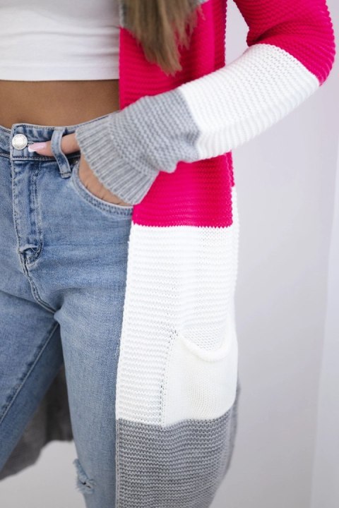 Sweter Kardigan w pasy szary+malinowy Sweter Kardigan w pasy szary+malinowy