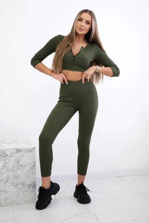Komplet prążkowany krótki top khaki Komplet prążkowany krótki top khaki