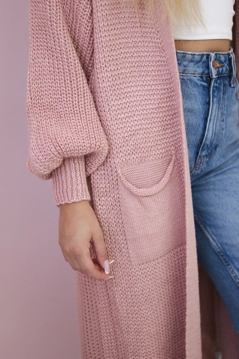 Sweter długi kardigan pudrowy róż Sweter długi kardigan pudrowy róż