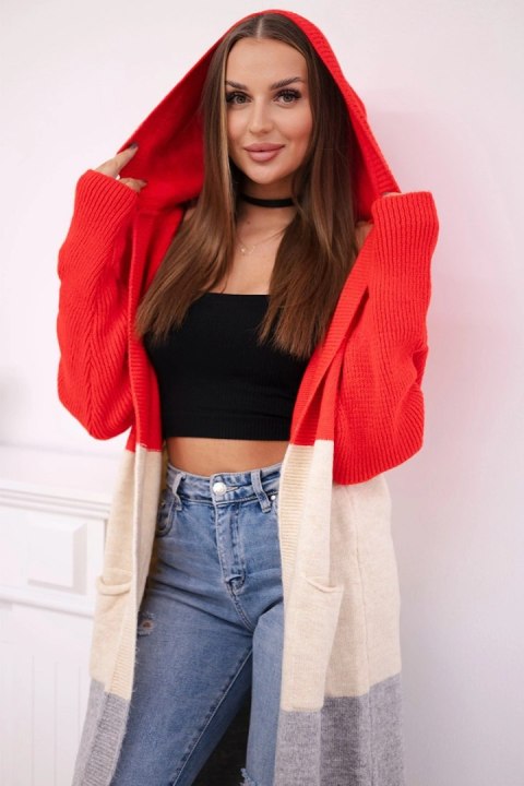 Sweter Kardigan z kapturem w pasy czerwony + beżowy + szary Sweter Kardigan z kapturem w pasy czerwony + beżowy + szary