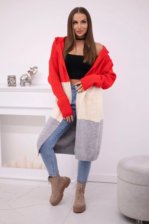 Sweter Kardigan z kapturem w pasy czerwony + beżowy + szary Sweter Kardigan z kapturem w pasy czerwony + beżowy + szary