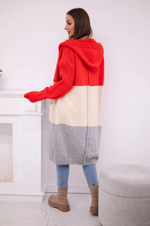 Sweter Kardigan z kapturem w pasy czerwony + beżowy + szary Sweter Kardigan z kapturem w pasy czerwony + beżowy + szary