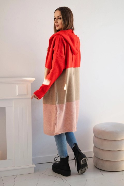 Sweter Kardigan z kapturem w pasy czerwony+camelowy+pudrowy róż Sweter Kardigan z kapturem w pasy czerwony+camelowy+pudrowy róż