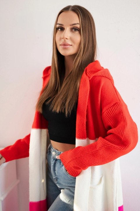 Sweter Kardigan z kapturem w pasy czerwony+ecru+różowy neon Sweter Kardigan z kapturem w pasy czerwony+ecru+różowy neon