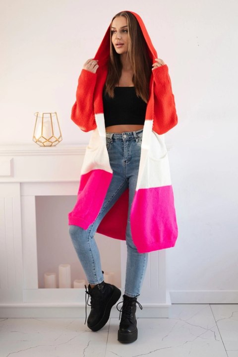 Sweter Kardigan z kapturem w pasy czerwony+ecru+różowy neon Sweter Kardigan z kapturem w pasy czerwony+ecru+różowy neon