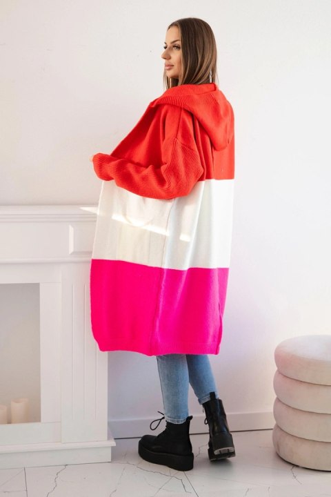 Sweter Kardigan z kapturem w pasy czerwony+ecru+różowy neon Sweter Kardigan z kapturem w pasy czerwony+ecru+różowy neon