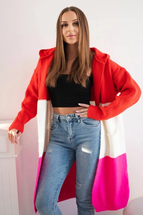 Sweter Kardigan z kapturem w pasy czerwony+ecru+różowy neon Sweter Kardigan z kapturem w pasy czerwony+ecru+różowy neon