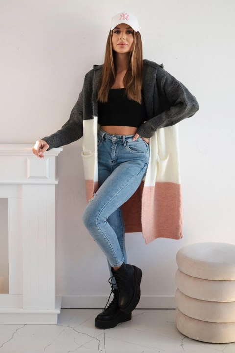 Sweter Kardigan z kapturem w pasy grafitowy+ecru+pudrowy róż Sweter Kardigan z kapturem w pasy grafitowy+ecru+pudrowy róż