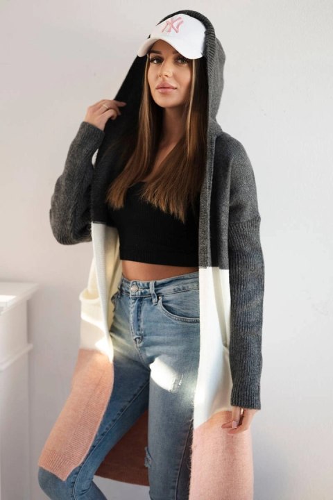 Sweter Kardigan z kapturem w pasy grafitowy+ecru+pudrowy róż Sweter Kardigan z kapturem w pasy grafitowy+ecru+pudrowy róż