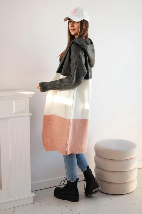 Sweter Kardigan z kapturem w pasy grafitowy+ecru+pudrowy róż Sweter Kardigan z kapturem w pasy grafitowy+ecru+pudrowy róż
