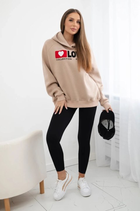 Bluza bawełniana ocieplana z kapturem Love ciemno beżowa Bluza bawełniana ocieplana z kapturem Love ciemno beżowa