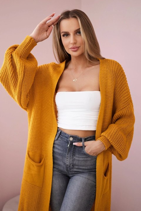 Sweter długi kardigan musztardowy Sweter długi kardigan musztardowy