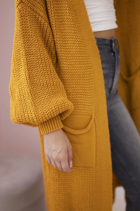 Sweter długi kardigan musztardowy Sweter długi kardigan musztardowy