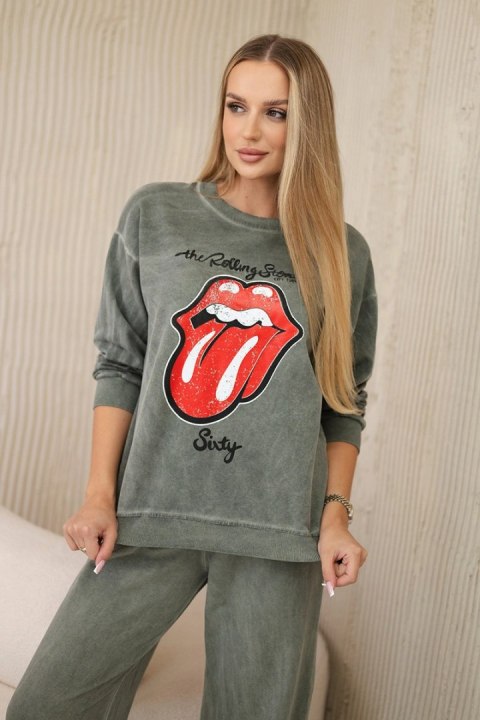 Komplet bawełniany dekatyzowany z nadrukiem bluza + spodnie khaki Komplet bawełniany dekatyzowany z nadrukiem bluza + spodnie khaki