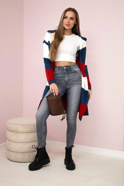 Sweter w pasy trzykolorowy ecru+jeans+czerwony Sweter w pasy trzykolorowy ecru+jeans+czerwony