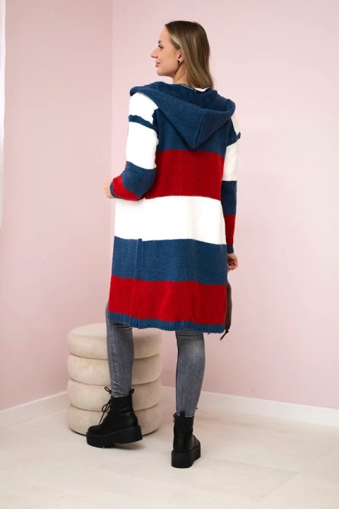 Sweter w pasy trzykolorowy ecru+jeans+czerwony Sweter w pasy trzykolorowy ecru+jeans+czerwony