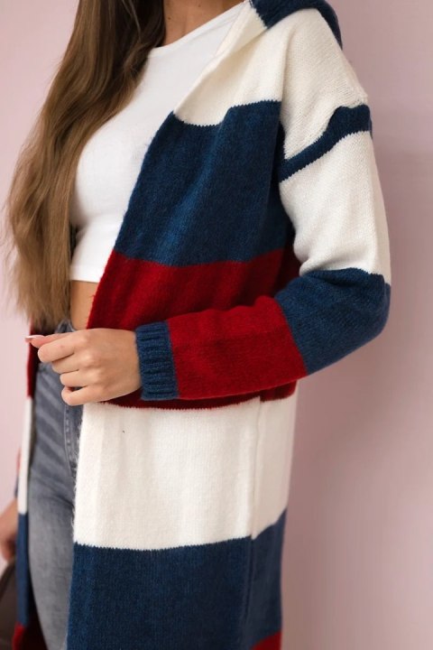 Sweter w pasy trzykolorowy ecru+jeans+czerwony Sweter w pasy trzykolorowy ecru+jeans+czerwony