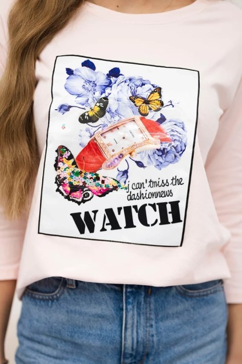 Bluzka z grafiką 3D Watch pudrowy róż Bluzka z grafiką 3D Watch pudrowy róż