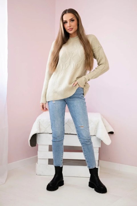 Sweter wkładany przez głowę z modnym splotem beżowy Sweter wkładany przez głowę z modnym splotem beżowy
