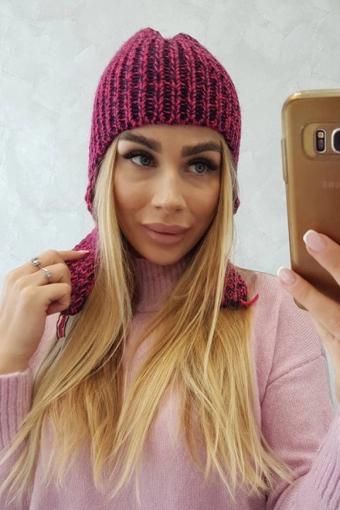 Czapka damska uszatka Jana K314 fuksja+czarny Czapka damska uszatka Jana K314 fuksja+czarny
