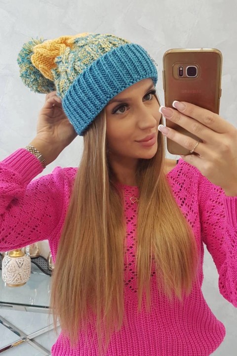 Czapka damska z pomponem Abigail K326 turkusowy+żółty Czapka damska z pomponem Abigail K326 turkusowy+żółty