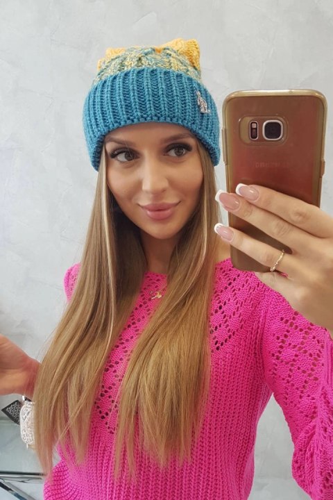 Czapka damska z pomponem Abigail K326 turkusowy+żółty Czapka damska z pomponem Abigail K326 turkusowy+żółty