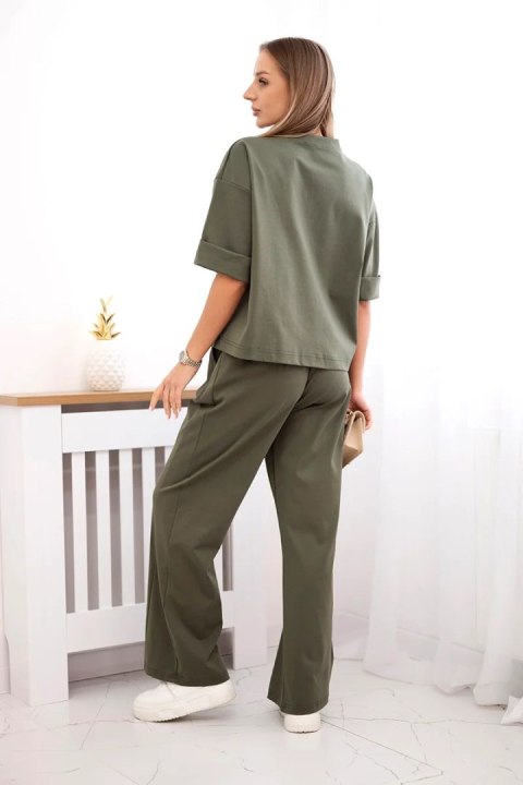 Komplet punto bluzka + spodnie z szeroką nogawką khaki Komplet punto bluzka + spodnie z szeroką nogawką khaki