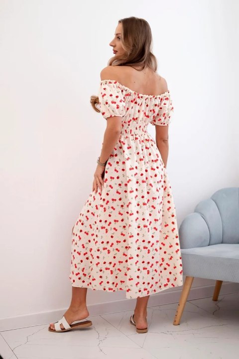 Sukienka damska maxi w kwiaty z bufkami beżowy+czerwony Sukienka damska maxi w kwiaty z bufkami beżowy+czerwony