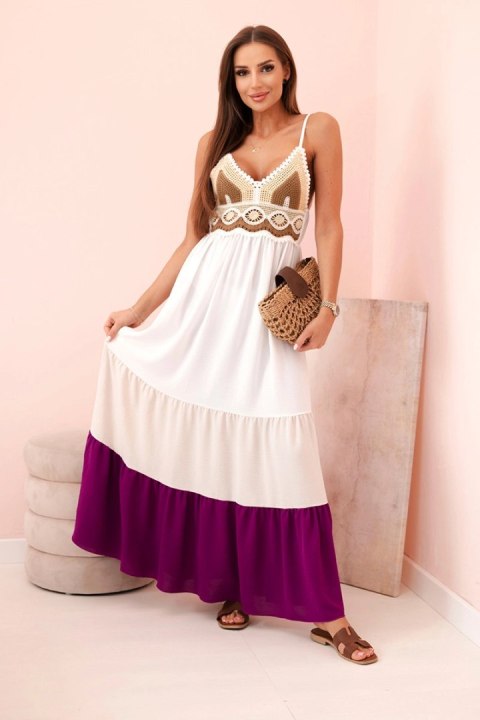 Sukienka damska boho maxi na ramiączkach z ażurową górą beżowy + ciemny fioletowy Sukienka damska boho maxi na ramiączkach z ażurową górą beżowy + ciemny fioletowy